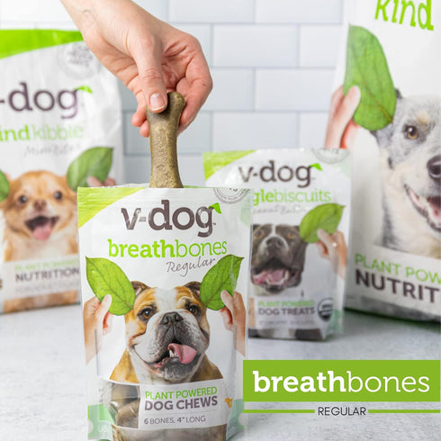 V-dog Dog Treats - Vegan Breathbone Teeth Cleaning Dental Dog Bones - Fresh Breath - 8 Ounces - All Natural - Made in USA - 6 Bones - 4" Long - Ea...