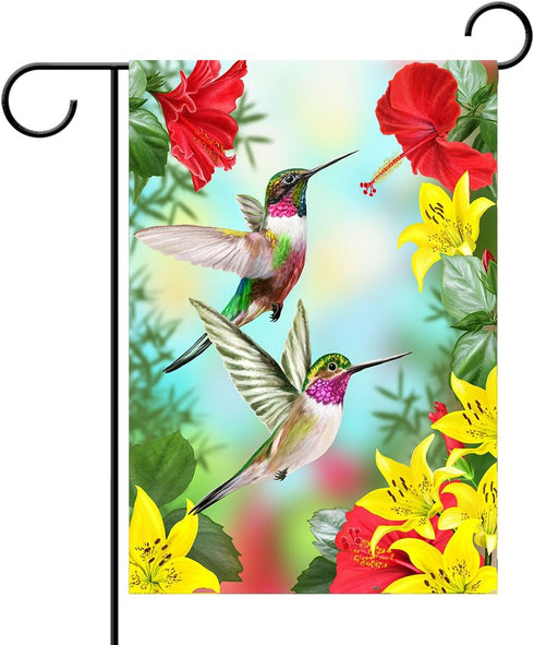 ALAZA Hummingbirds Red Flower Hibiscus Yellow Lilies Birds Small Garden Yard Flag 12" x 18" Twin Sides, Tropical Flower Leaves Birds Decorative Fl...