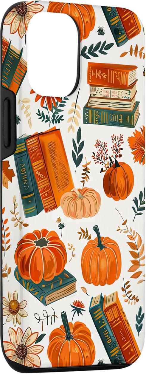 iPhone 15 Vintage Pumpkin Fall Leaves & Book Pattern Bookish Bookworm Case...