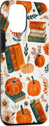 iPhone 15 Vintage Pumpkin Fall Leaves & Book Pattern Bookish Bookworm Case...