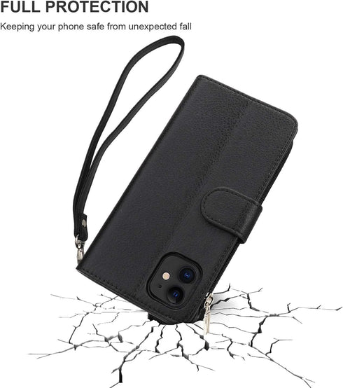 KIHUWEY Compatible with iPhone 12 Compatible with iPhone 12 Pro Wallet Case Leather Zipper with Card Holder and Wrist Strap,Kickstand and Protecti...