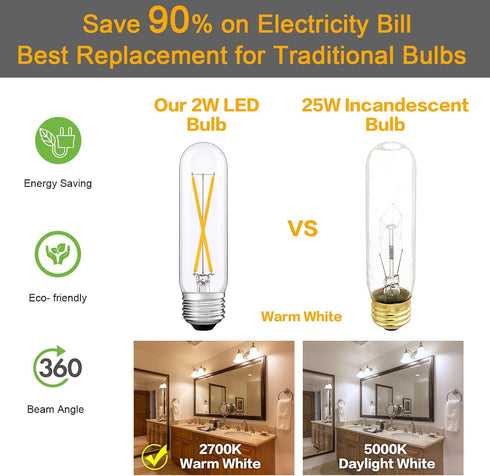 Dimmable T10 LED Bulbs,2700K Warm White, 2W Tubular Light Bulb, Edison LED Bulb 25 Watt Equivalent,E26 Medium Base 200LM, Clear Glass Cover,6 Pack...