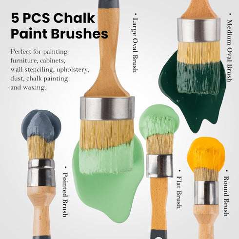 YiBaiBrush-Chalk Paint Brush, Wax Paint Brush Set of 5, Wax Brushes and Chalk Paint for furniture DIY Art Crafts, Natural Bristle Round Oval Chalk...