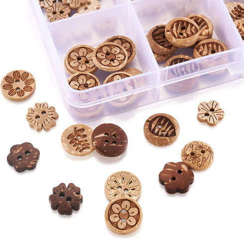 Pandahall 120pcs Coconut Shell Sewing Buttons 2 Holes Flower Leaf Basic Sewn-On Craft Buttons 12 Styles for DIY Sewing Clothing Accessories Scrapb...