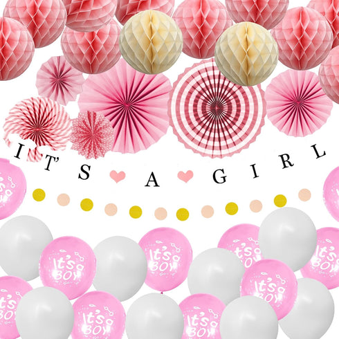 Baby Shower Theme Party Decorations It's a Boy and It's a Girl Banner Pink and Blue Balloons DIY Handmade Paper Flower Fans Honeycomb Balloons For...