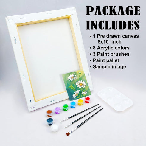 VOCHIC Paint and Sip Kit, Daisy Pre Drawn Canvas Painting Kit for Adults Painting Twist Party Supplies for Beginner Gift Favor, 8 Acrylic Colors, ...