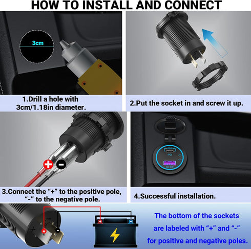 83W 12V USB Outlet Laptop Charger: Newest 2 Pack 65W USB-C PD3.0 and 18W QC3.0 Multi Car USB Port 12V Socket Waterproof with Power Switch for Car ...