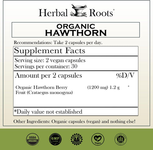 Herbal Roots Organic Hawthorn Berry Capsules | Extra Strength 1,200mg per Serving | 60 Vegan Capsules...