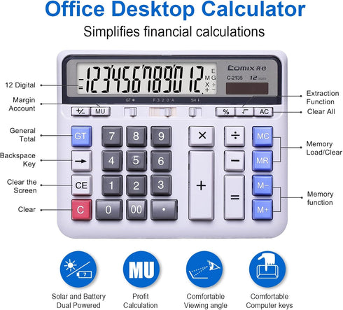 Comix Desktop Calculator Solar Battery Dual Power with 12-Digit Large LCD Display and Large Computer Keys Standard Function Calculator for Home Of...