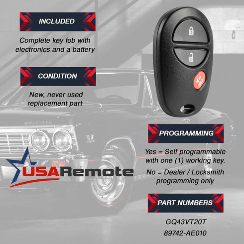 Keyless Entry Remote Fob + Ignition Key (fits Toyota GQ43VT20T 4D-67)...