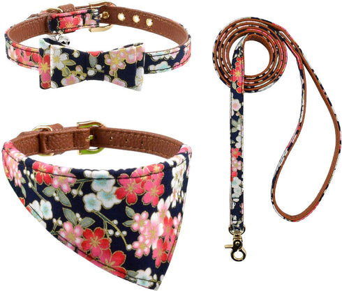 3PCS Bow Tie Dog Collar and Leash Set Plaid/Camo/Dots/Flower Dog Bandanas with Bell 3 Size Adjustable for Small Dogs Puppies and Cats (XS, Black F...
