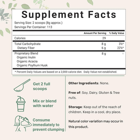 Organic Soluble Prebiotics Fiber Supplement (Inulin, Acacia, Psyllium Husk), 2 Pounds, 3 in 1 Fiber Formula, Daily Fiber, Unflavored, for Digestiv...