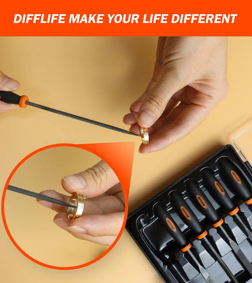 Needle File Set (Carbon Steel 6 Piece-Set) File Handles, Hardened Alloy Strength Steel - Set Includes Flat, Flat Warding, Square, Triangular, Roun...