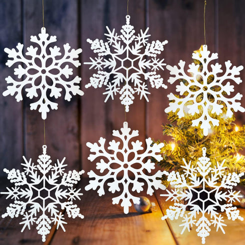 6pcs Large White Snowflakes Ornaments 12” Big Plastic Glitter Snowflake for Winter Indoor Outdoor Christmas Tree Window Room Decorations Giant Cra...