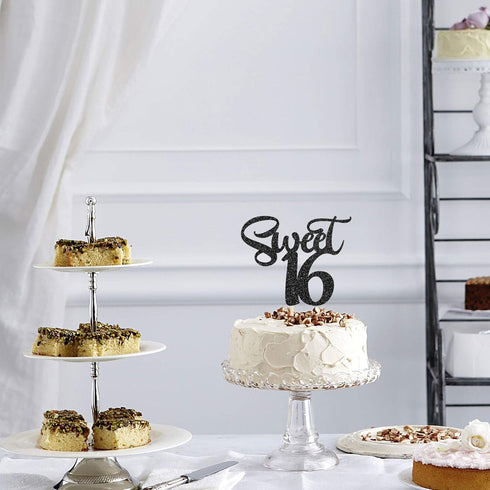 Black Glitter Sweet 16 Cake Topper - Happy 16th Birthday Cake Topper Decor - Cheers to 16 Years - 16th Wedding Anniversary Party Supplies...