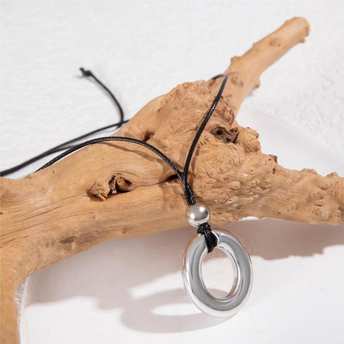 Boho Round Circle Necklace Sliver Open Round Tube Pendant Necklace Black Wax Rope Cord Chain Necklace Dainty Ball Bead Charm Necklace Jewelry for ...
