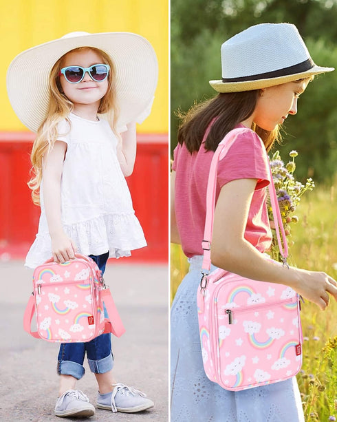 Lunch Box for Kids Girls Insulated Lunch Bag with Shoulder Strap and Pocket Pink Cute Lunch Cooler Thermal Meal Lunch Tote Bag for School Travel O...