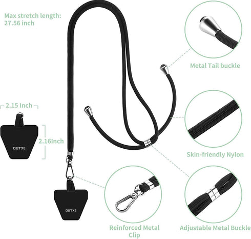 OUTXE Universal Phone Lanyard 2 Packs - 2× Adjustable Neck Strap, 4× Phone Patches- Black...
