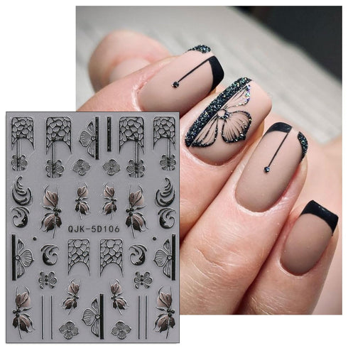 JMEOWIO 3D Embossed Black White Flower Nail Art Stickers Decals Self-Adhesive Pegatinas Uñas 5D Leaves Lace Nail Supplies Nail Art Design Decorati...