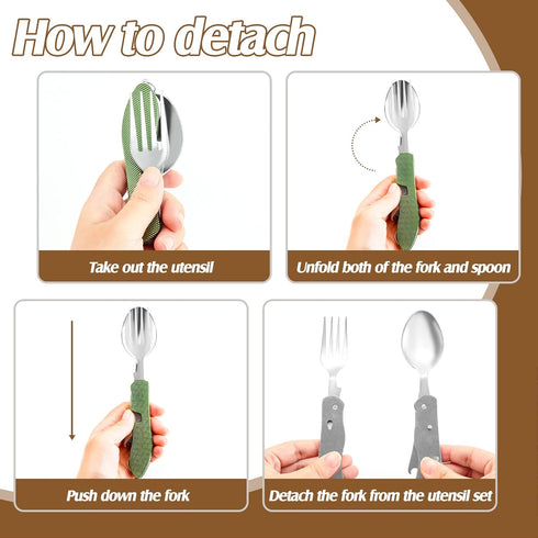 Folding Camping Utensils Cutlery Set 4-in-1 Stainless Steel Spoon Fork Knife Bottle Opener Set Detachable Tableware Pocket Kits Backpacking Cutler...