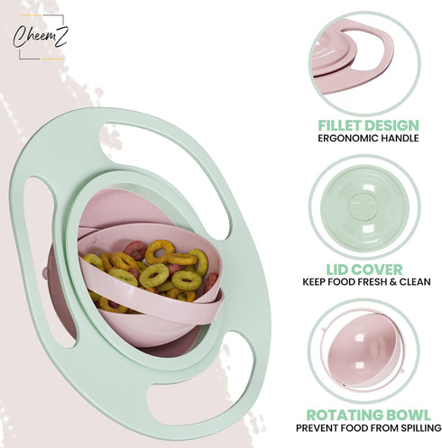 2-in-1 Gyro Bowl Set: Peach & Light Green - Baby Magic Bowl with 360° Rotations for Toddlers (1-3 Years) - Spill-Resistant Design, Includes Lid fo...