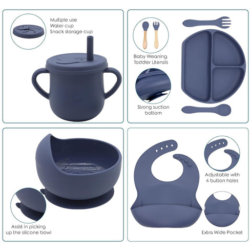 100% Silicone Baby Feeding Set,BPA Free Baby Dishes Set with Suction Bowl Divided Plate,Toddler Self Feeding Dish Set with Spoons Forks Sippy Cup ...