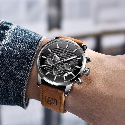 BENYAR Quartz Chronograph Waterproof Watches Business and Sport Design Leather Band Strap Wrist Watch for Men...