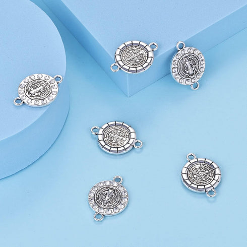 20pcs Antique Silver Rhinestone Religious Wear Saint Benedict Medallion Bracelet Connector Round Link Beads Jewelry Making Charms for DIY Necklace...