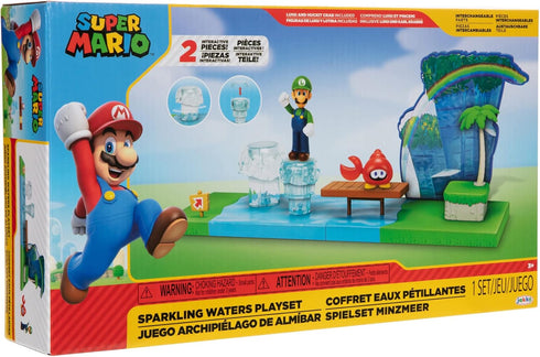 Super Mario Sparkling Waters Action Figures Playset Includes 2.5 Inch Luigi & Red Huckit Crab with Interactive Pieces...