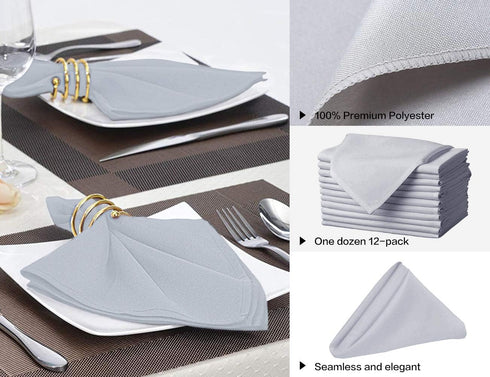 Surmente 20-Inch Polyester Cloth Napkins Linen Dinner Napkins - Set of 12 for Weddings, Banquets, or Restaurants (1-Dozen) (Silver)...