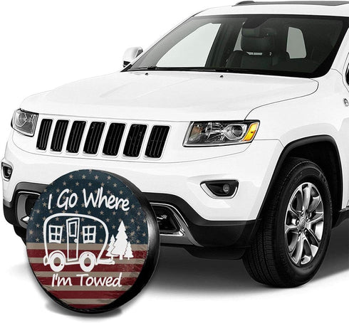I Go Where I'm Towed American Flag Spare Tire Cover Dust-Proof Universal 16 Inch Wheel Camper Spare Tire Cover Fit for RV Trailer Truck Jeep SUV R...