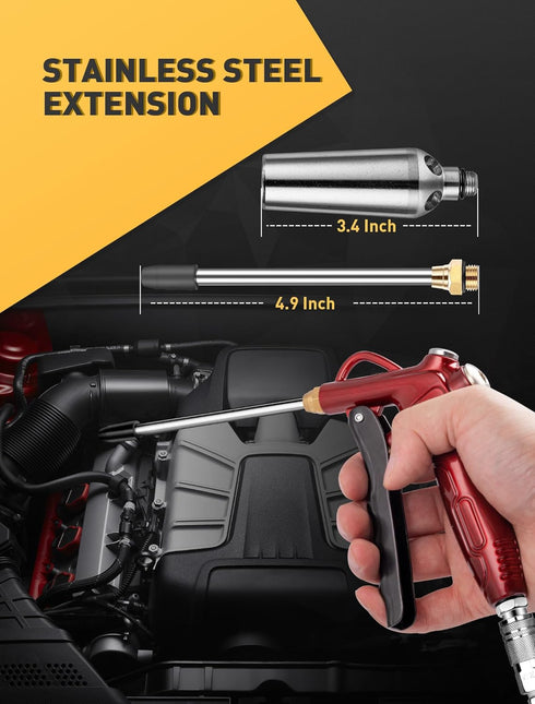 High Volume Air Blow Gun with Powerful Flow Nozzle, Retro Red Air Nozzle Blower Gun with 4.9" Stainless Steel Extension & 1/4'' Standard Quick Plu...