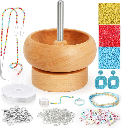 Tilhumt Bead Spinner for Jewelry Making, Effortless Rotating Wooden Bracelet Spinner with 50 Letter Beads, 3000 Seed Beads, 2 Big Eye Beading Need...