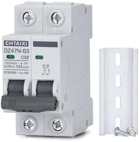 Heiko AC Miniature Circuit Breaker Panel, 2 Pole DIN Rail Mount Circuit Breaker 32 Amp 120V/240V, Solar AC Disconnect Switch, Thermal Magnetic Tri...