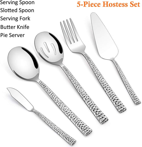 E-far Hammered Serving Utensils, 5-Piece Stainless Steel Square Hostess Serving Set for Buffet Party Kitchen Restaurant, Mirror Finished & Dishwas...