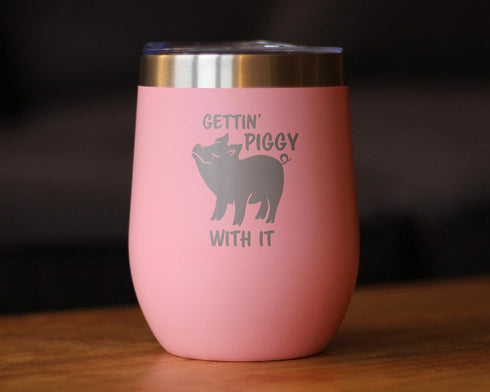 Bevvee Gettin Piggy - Wine Tumbler Glass with Sliding Lid - Stainless Steel Insulated Mug - Cute Pig Decor Gifts - Pink...