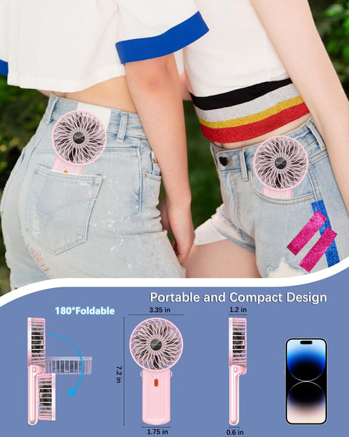 2 Pack Portable Handheld Fan, Mini Hand Held Fan, 6-15H Cooling Small Personal Fan, 180° Foldable Mini Desk Fan with 4 Quiet Speed, Neck Fan w/Lan...
