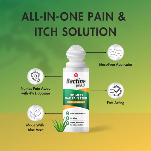 Bactine Max No-Mess Roller Ball with 4% Lidocaine - Pain + Itch Relief from Poison Ivy, Bug Bites, & Sunburn - 2.5 oz....