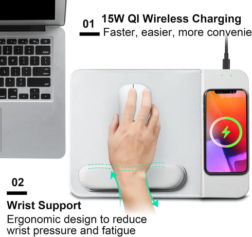 15W Wireless Charging Mouse Pad with Detachable Wrist Support and 20W Power Adapter, Fast QI Wireless Phone Charger Mouse Mat for iPhone 14/13/12/...
