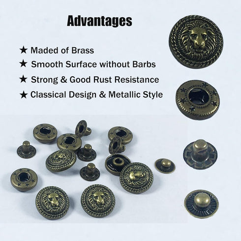 WETUFIN - 30 Sets Leather Snap Buttons Set 17MM (0.67inch) Bronze Snaps for Leather Snaps (Bull & Lion & Anchor Style) and Fastener Kit Tool Decor...