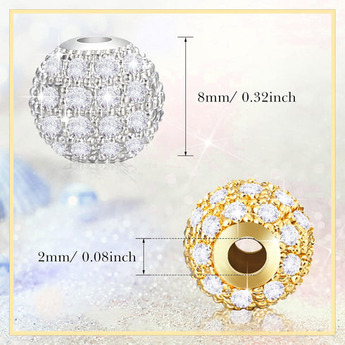 Hicarer 20 Pieces 8 mm Zirconia Cubic Beads, Round Rhinestone Bracelet Spacer Charms,Crystal Zirconia Stones, Ball Beads for Jewelry Making DIY(Wh...