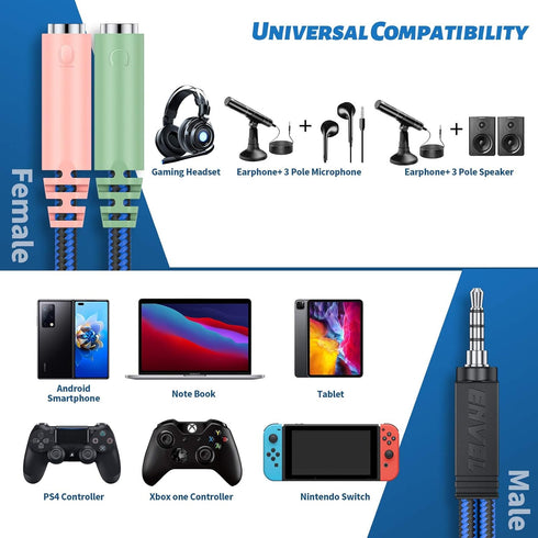 ENVEL Headset Y Adapter 2 Female to 1 Male 3.5mm Jack Cable with Separate Mic and Audio Headphone Connector Mutual Convertors for Gaming Headset, ...