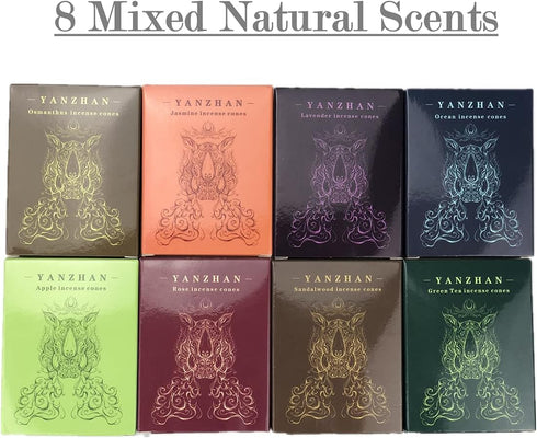 80 Pcs Backflow Incense Cones 8 Mixed Natural Scents Sandalwood Rose Green Tea Lavender Osmanthus Jasmine Ocean Apple (Incense Cones)...
