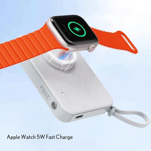 pzoz 5000mAh Portable Magnetic Small Mini Power Bank Battery Pack with Apple Watch Wireless Charger,Built in Cable Lightning Type C PD Travel Fast...