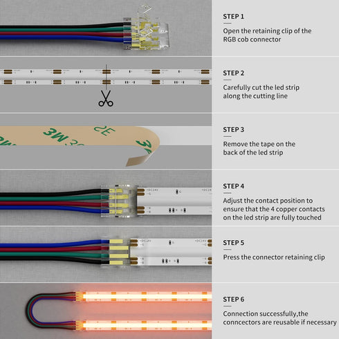 PAUTIX 10mm Connectors for COB RGB LED Strip Lights 4 Pin,4pcs Transparent Gapless Connectors,3pcs Dual Ends Extension Connectors and 2pc Strip to...