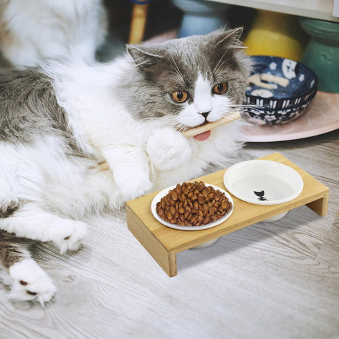 Raised Slow Feeder Dog Bowls Improves Digestion,Dog Elevated Food Bowl with 2 Ceramic Bowls, 1.6" Height Cat Water and Food Bowl(Bamboo)...