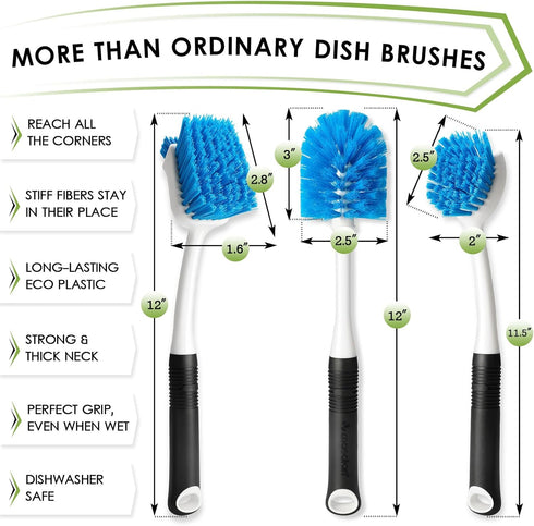 Dish Brush Set of 3 with Water Bottle Brush, Dish Scrub Brush and Scrubber Brush - Kitchen Scrub Brushes, Non Slip Long Handle for Cleaning Cleane...