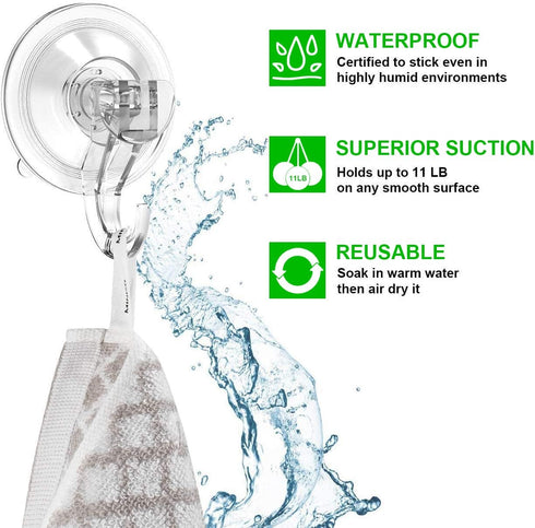 LUXEAR Suction Cup Hooks - 6 Pack Suction Hooks Reusable Powerful Waterproof - Clear Removable Suction Hanger for Shower,Tile,Bathroom,Window,Towe...