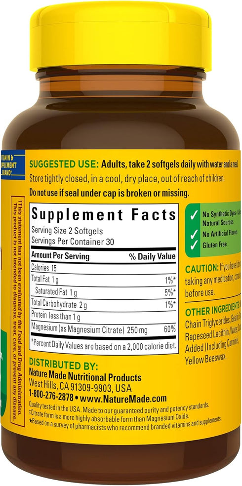 Nature Made Magnesium Citrate 250 mg per serving, Magnesium Supplement for Muscle, Nerve, Bone and Heart Support, 60 Softgels, 30 Day Supply...