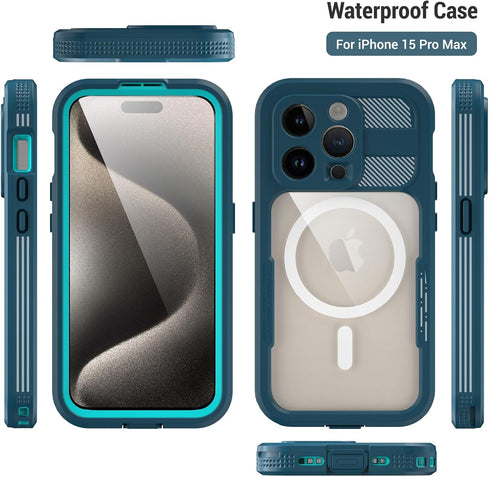 Compatible with iPhone 15 Pro Max Waterproof Case with Stand, Shockproof Dust-Proof Phone Case with Built in Screen Protector, Full Body Protectiv...